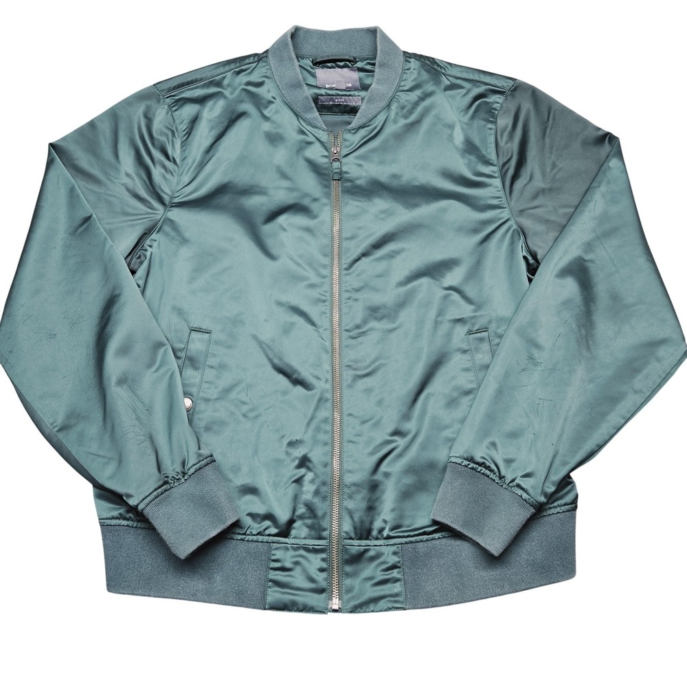 Bonobos Jacket Mens Large Green Satin Bomber Slim Fit Full Zip Pockets Casual